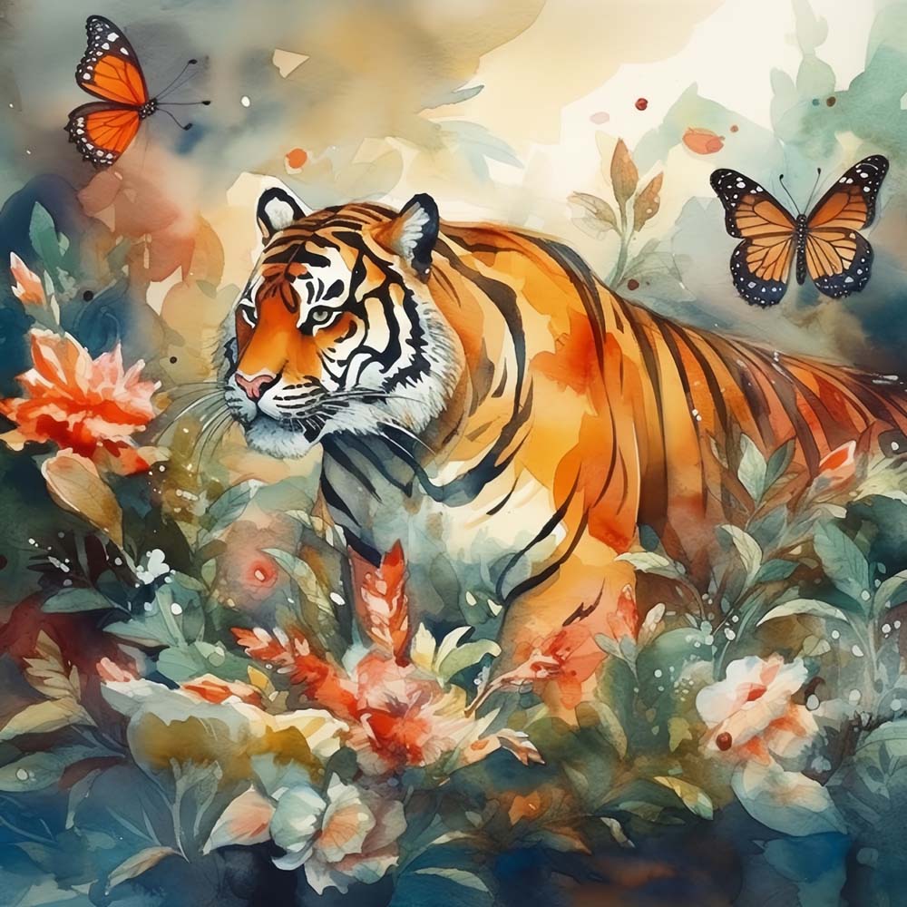 Tiger jagt Schmetterlinge Diamond Painting