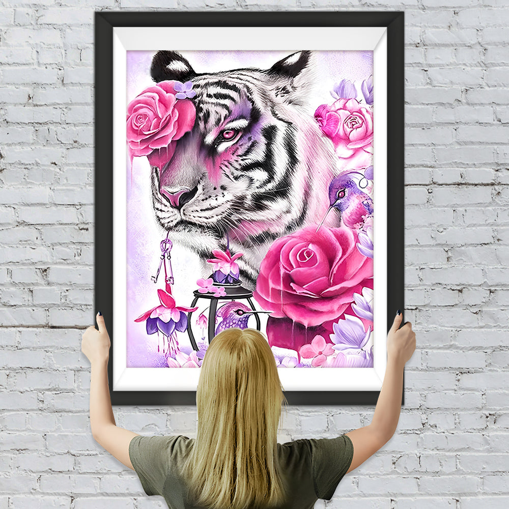 Tiger, Rosen und Vögel Diamond Painting
