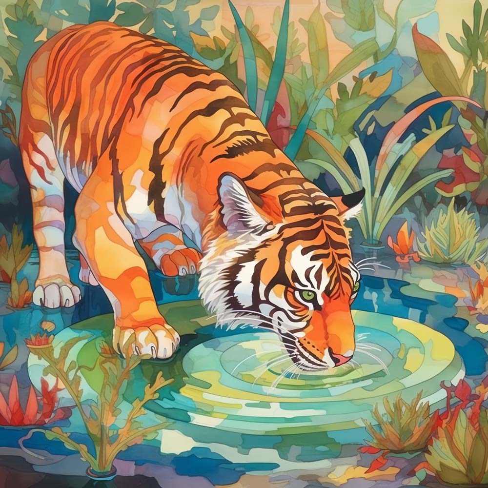 Tiger trinkt Wasser im Wald Diamond Painting
