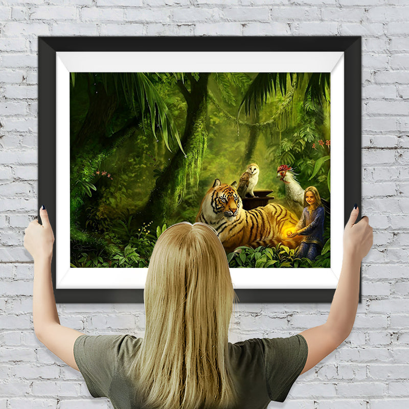 Tiger und Mädchen im Regenwald Diamond Painting