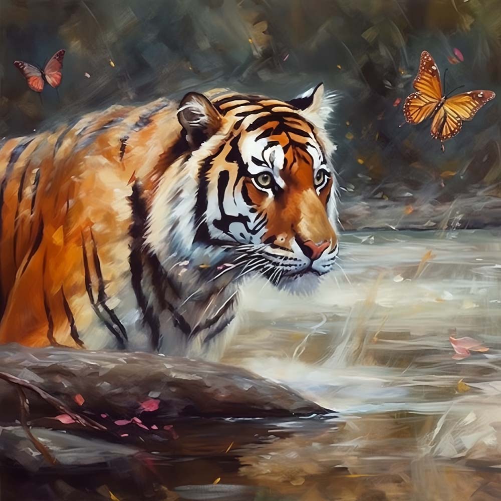 Tiger und Schmetterling im Wasser Diamond Painting