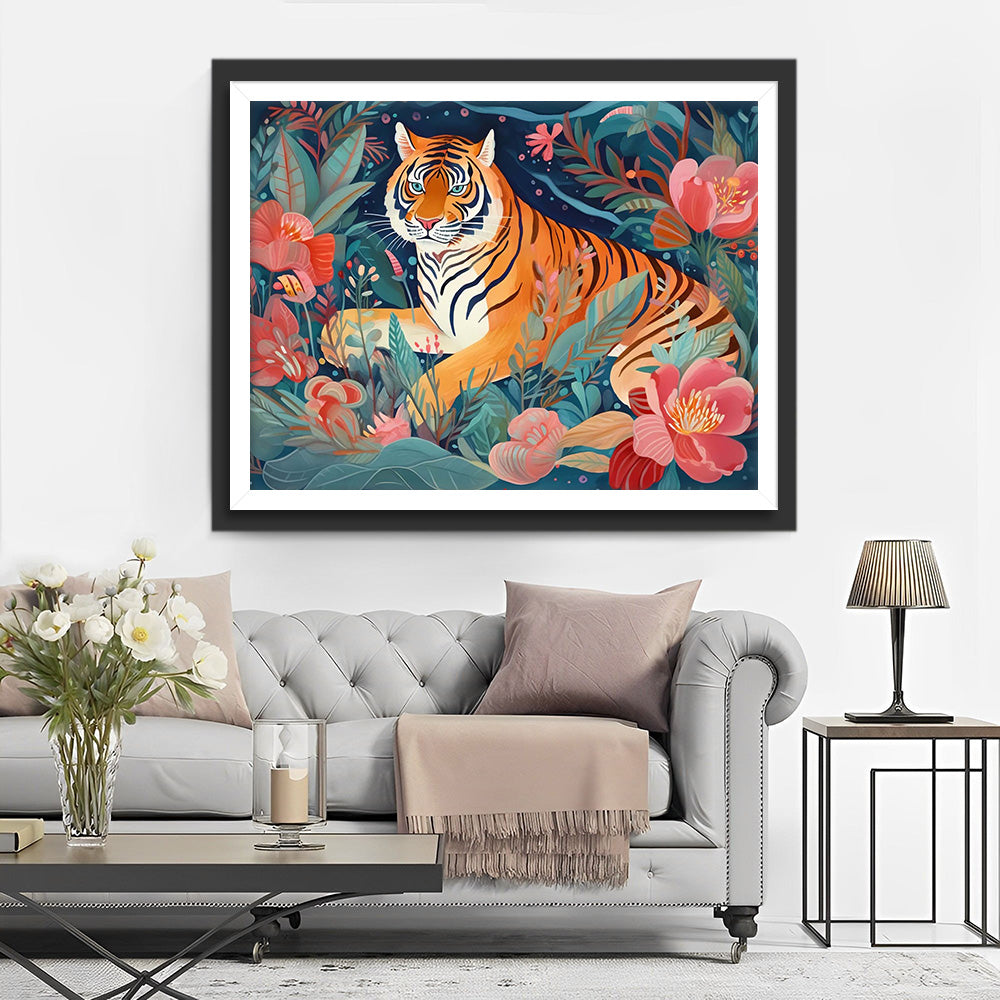 Tiger zwischen rosa Blumen Diamond Painting