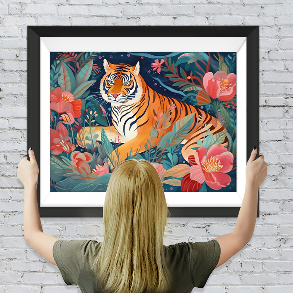 Tiger zwischen rosa Blumen Diamond Painting