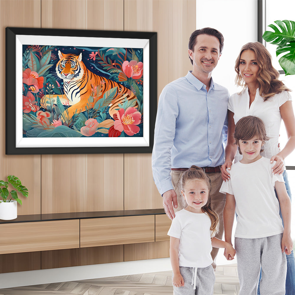 Tiger zwischen rosa Blumen Diamond Painting