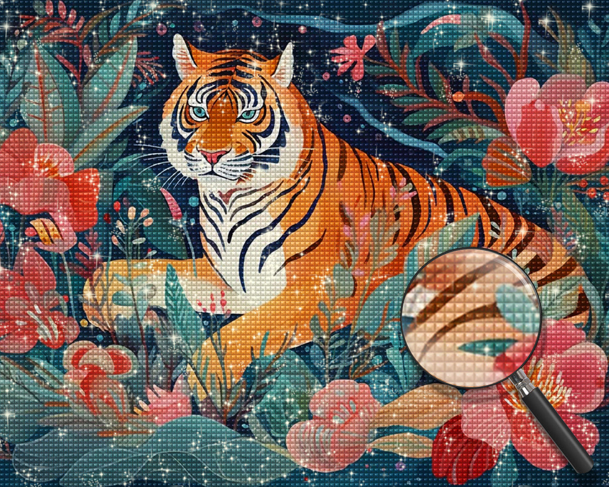 Tiger zwischen rosa Blumen Diamond Painting