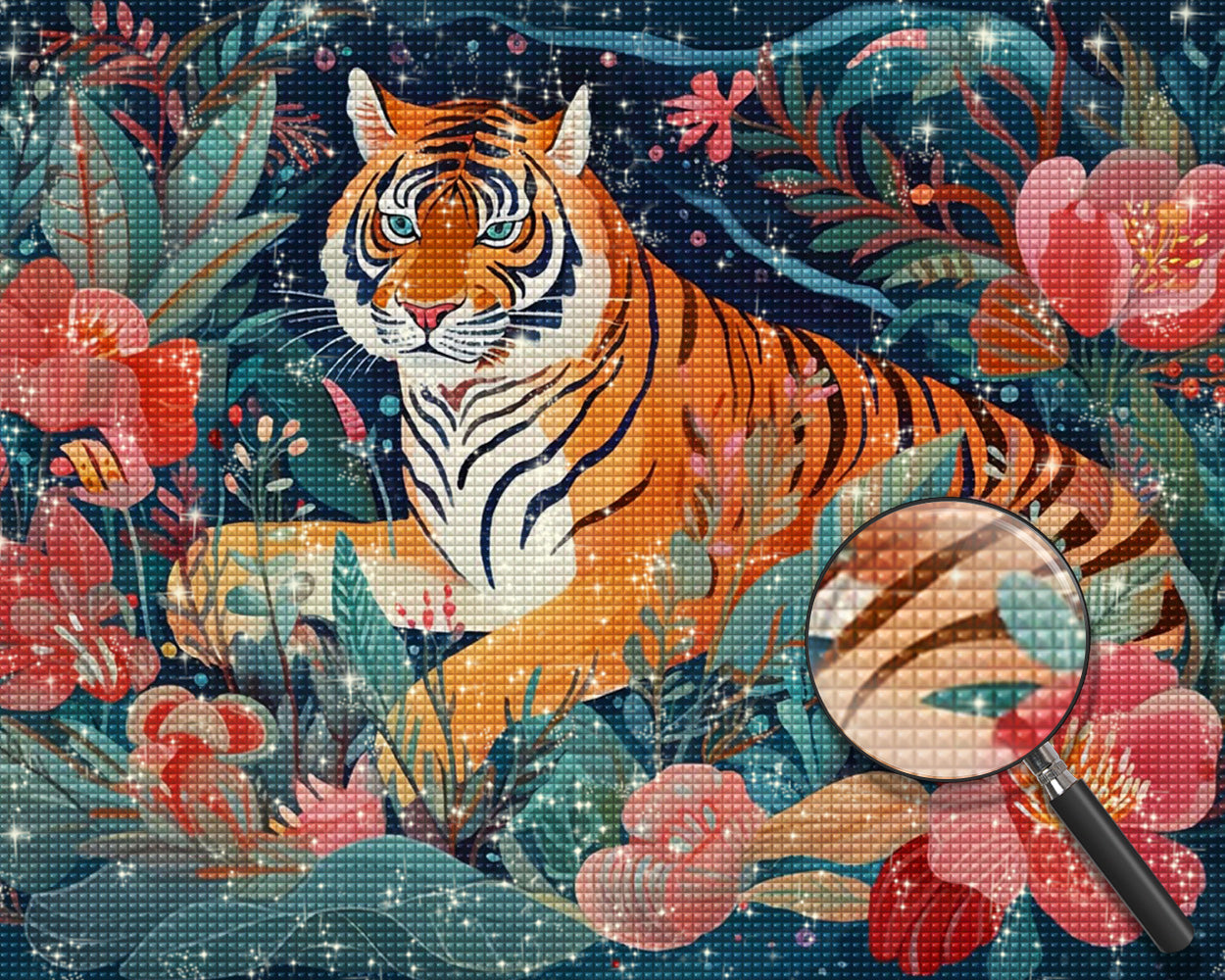 Tiger zwischen rosa Blumen Diamond Painting