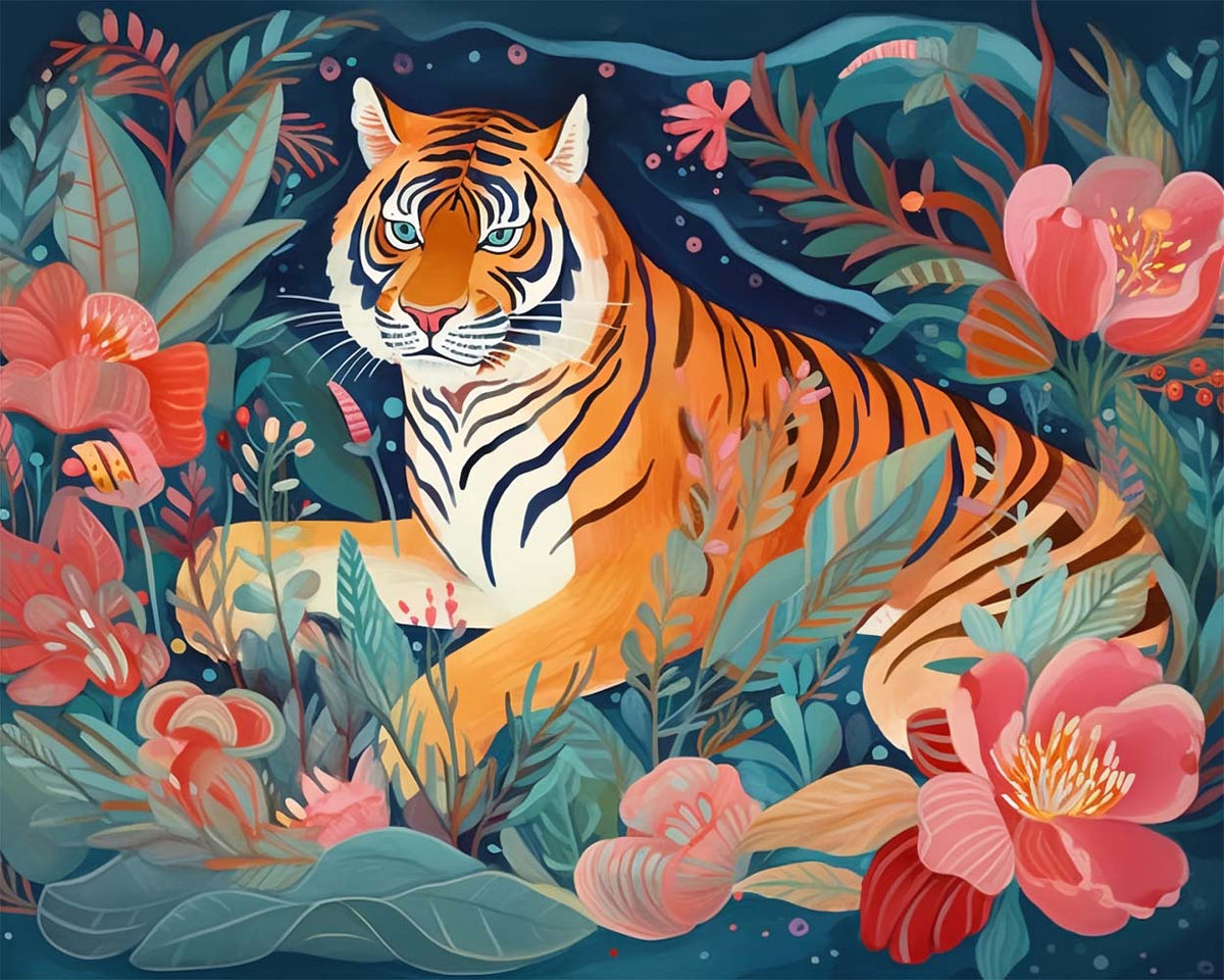 Tiger zwischen rosa Blumen Diamond Painting