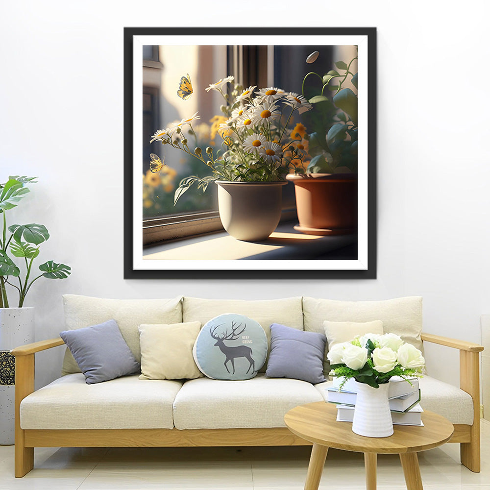 Topfgänseblümchen auf der Fensterbank Diamond Painting