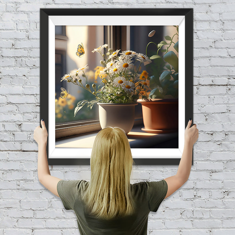 Topfgänseblümchen auf der Fensterbank Diamond Painting