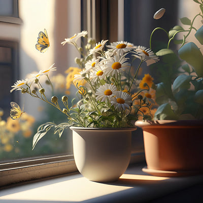 Topfgänseblümchen auf der Fensterbank Diamond Painting