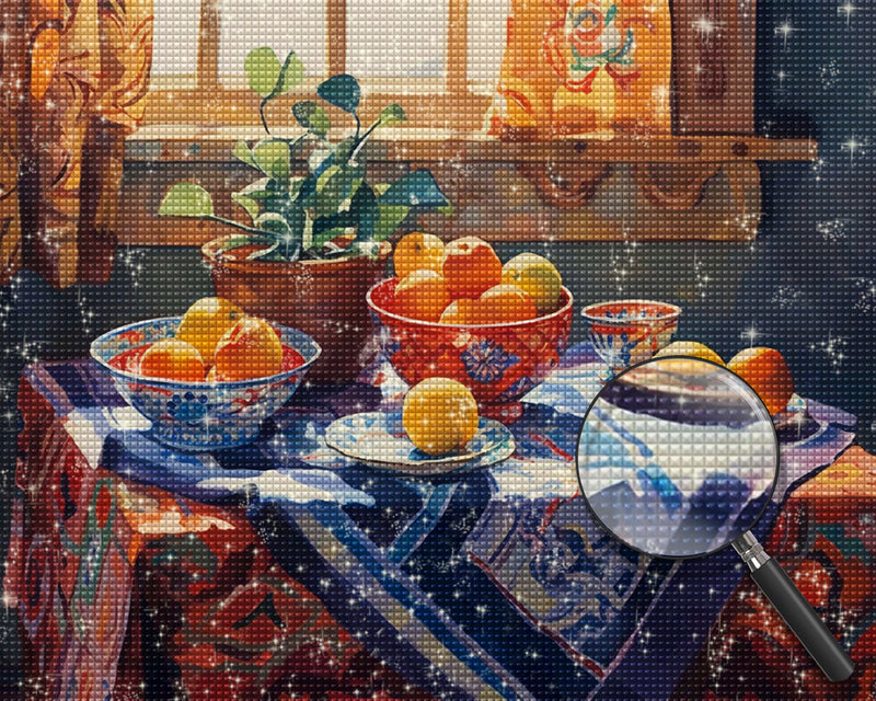 Topfpflanzen und Früchte auf dem Tisch Diamond Painting