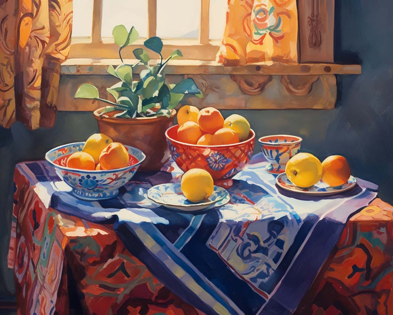 Topfpflanzen und Früchte auf dem Tisch Diamond Painting