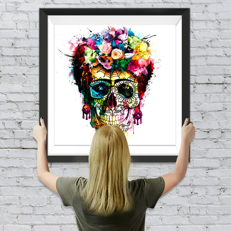 Totenkopf mit bunten Blumen und Brille Diamond Painting