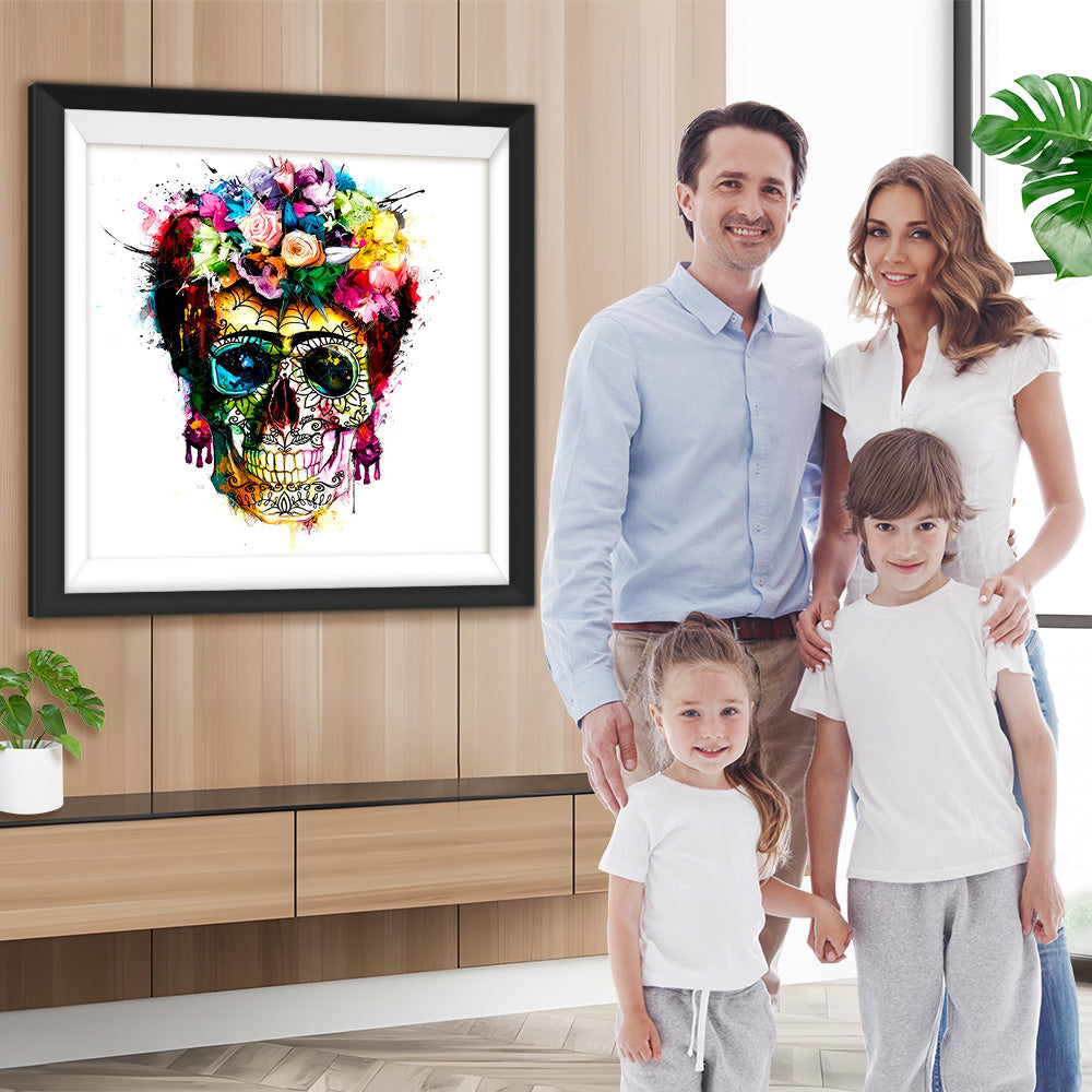 Totenkopf mit bunten Blumen und Brille Diamond Painting