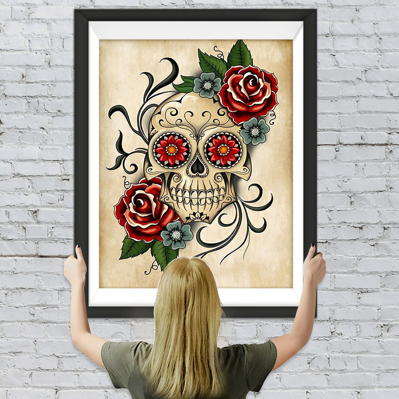 Totenkopf, Rosen und Chrysanthemen Diamond Painting