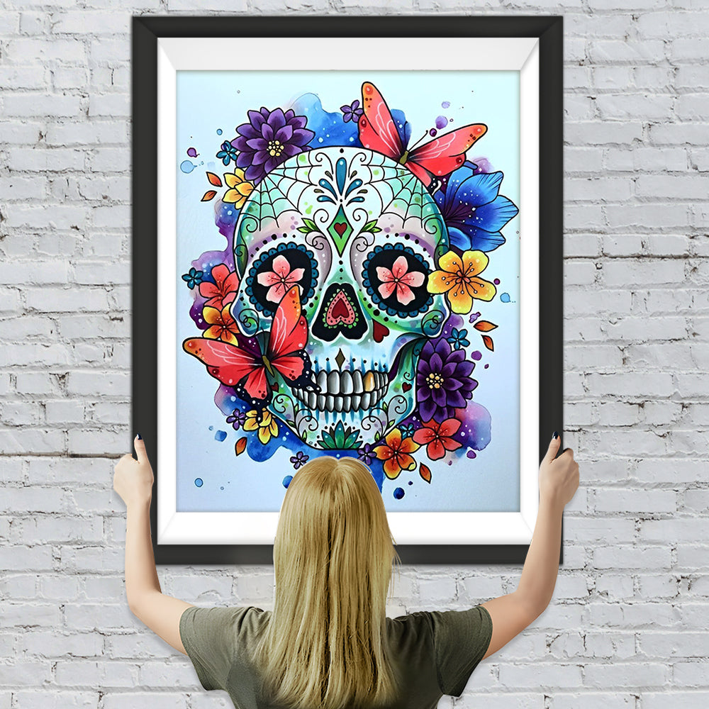 Totenkopf, Schmetterlinge und Blumen Diamond Painting