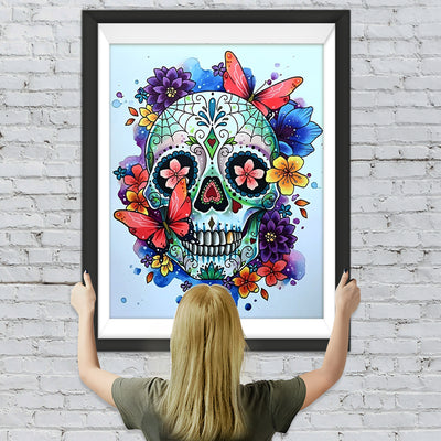 Totenkopf, Schmetterlinge und Blumen Diamond Painting