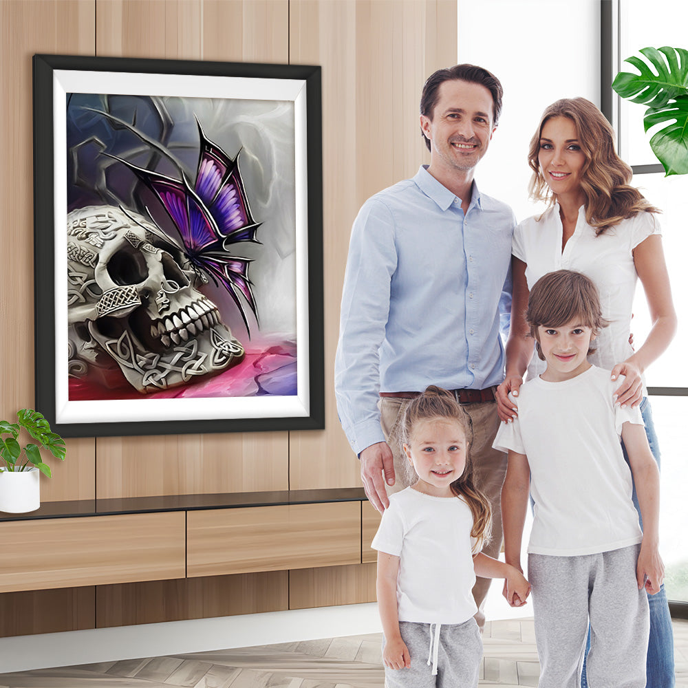 Totenkopf und lila Schmetterling Diamond Painting