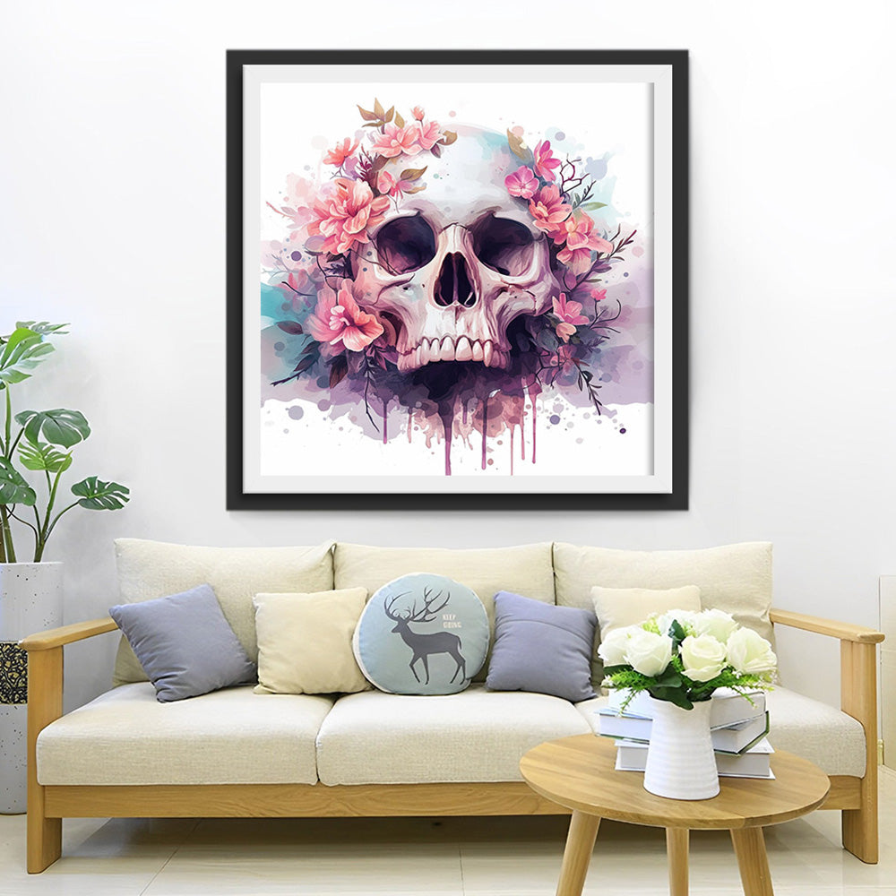 Totenkopf und rosa Blumen Diamond Painting
