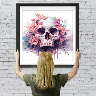 Totenkopf und rosa Blumen Diamond Painting