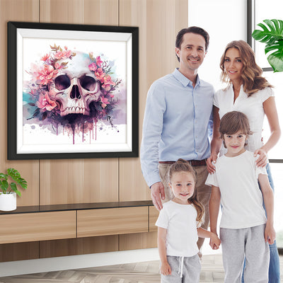 Totenkopf und rosa Blumen Diamond Painting