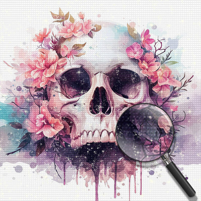 Totenkopf und rosa Blumen Diamond Painting