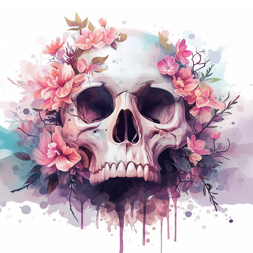 Totenkopf und rosa Blumen Diamond Painting