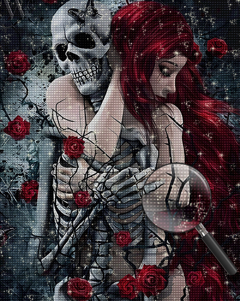 Totenkopf und rothaarige Schönheit in roten Rosen Diamond Painting