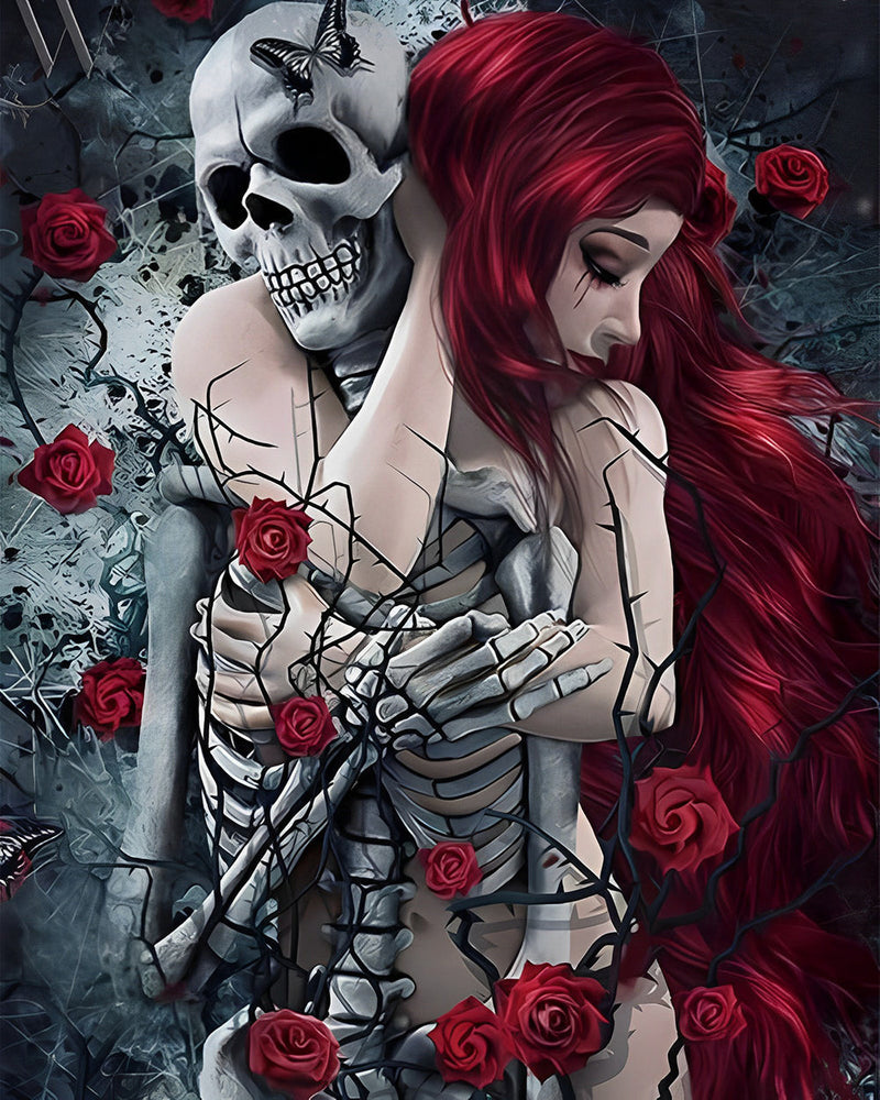 Totenkopf und rothaarige Schönheit in roten Rosen Diamond Painting
