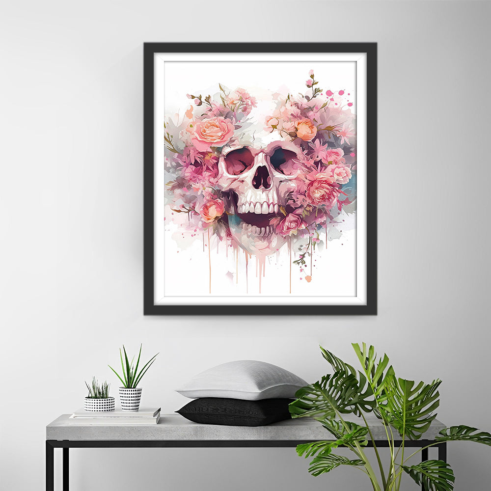 Totenkopf zwischen rosa Blumen Diamond Painting