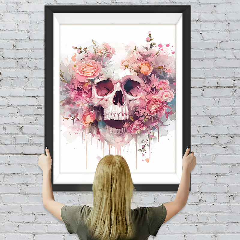 Totenkopf zwischen rosa Blumen Diamond Painting