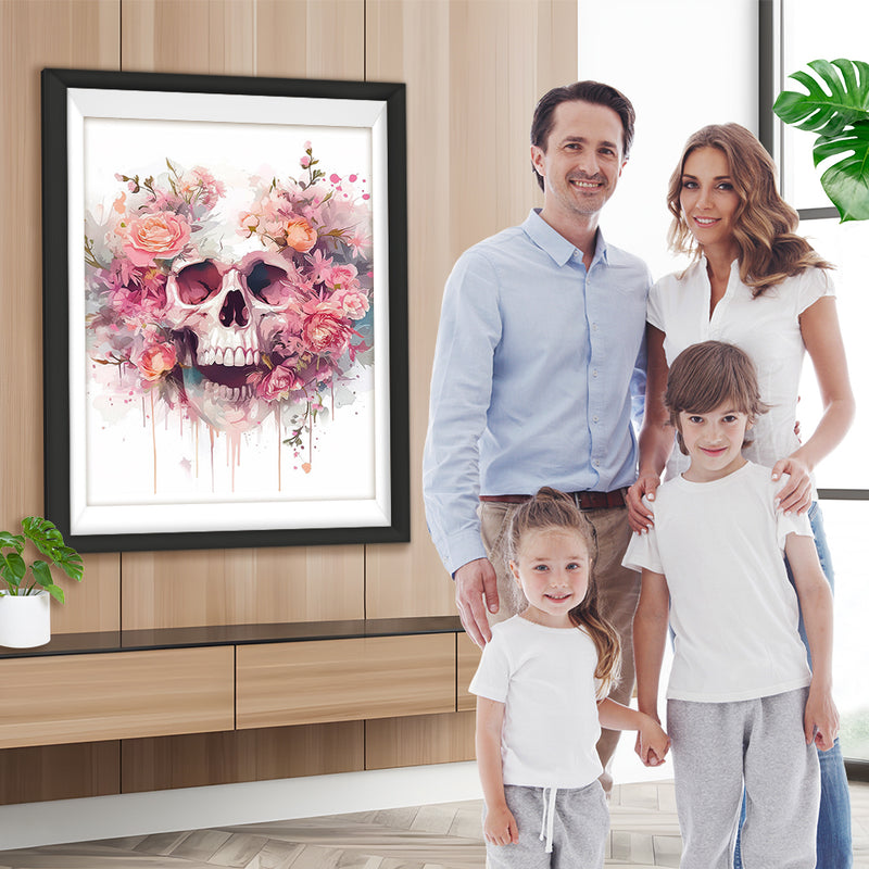 Totenkopf zwischen rosa Blumen Diamond Painting
