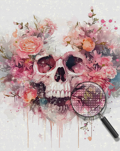 Totenkopf zwischen rosa Blumen Diamond Painting