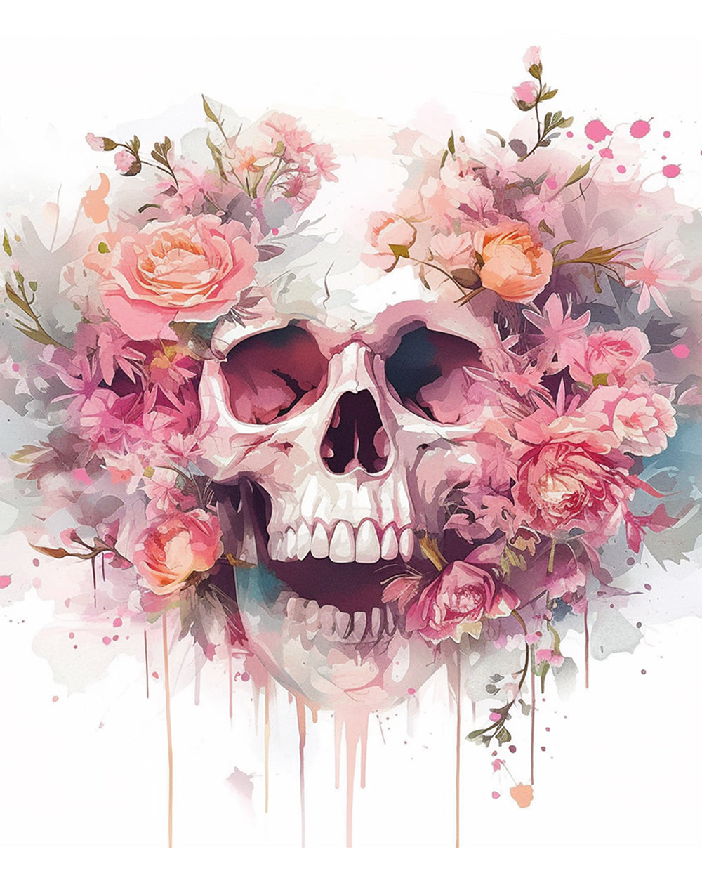 Totenkopf zwischen rosa Blumen Diamond Painting