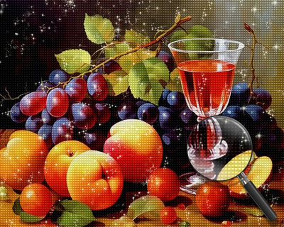 Trauben, Pfirsiche und Wein Diamond Painting
