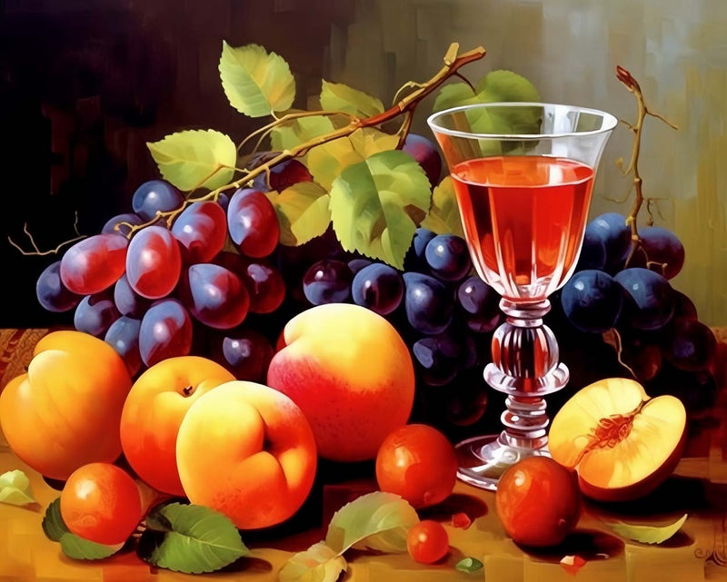 Trauben, Pfirsiche und Wein Diamond Painting