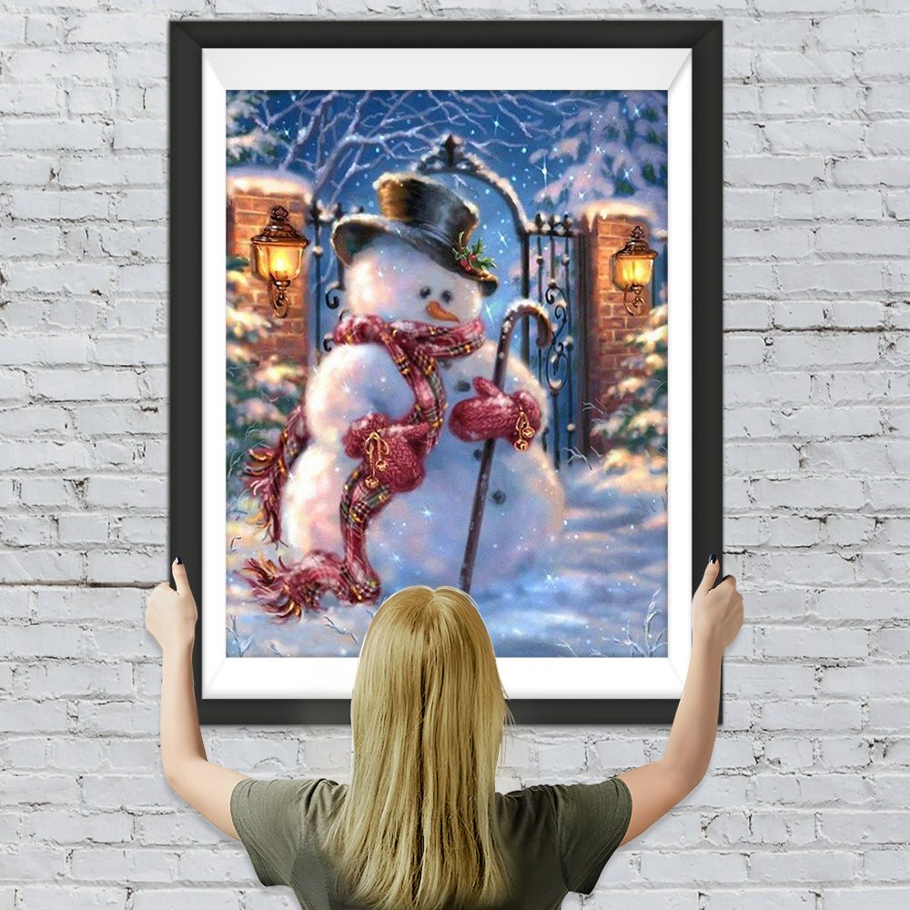 Trauriger Weihnachtsschneemann vor der Tür Diamond Painting