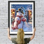 Trauriger Weihnachtsschneemann vor der Tür Diamond Painting