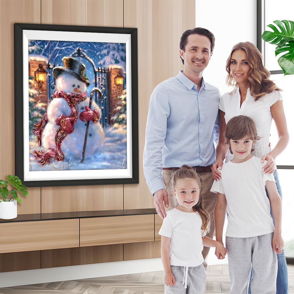 Trauriger Weihnachtsschneemann vor der Tür Diamond Painting