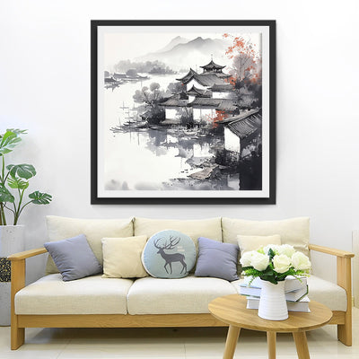 Tuschemalerei von Bergen und Häusern Diamond Painting