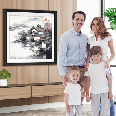 Tuschemalerei von Bergen und Häusern Diamond Painting