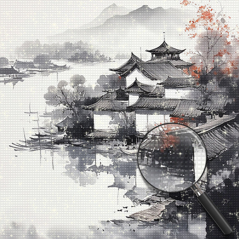 Tuschemalerei von Bergen und Häusern Diamond Painting