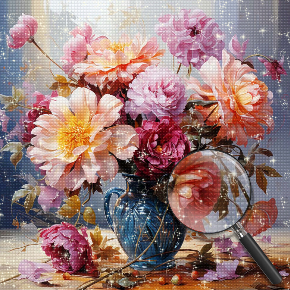 Üppige Chrysanthemen in einer grünen Vase Diamond Painting