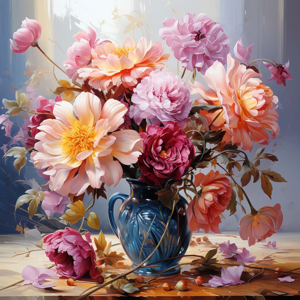 Üppige Chrysanthemen in einer grünen Vase Diamond Painting