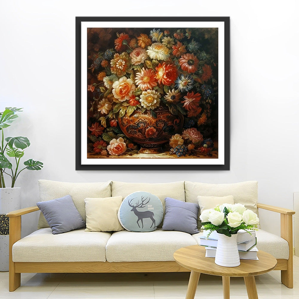 Üppige Chrysanthemen in einer verschnörkelten Vintage-Vase Diamond Painting