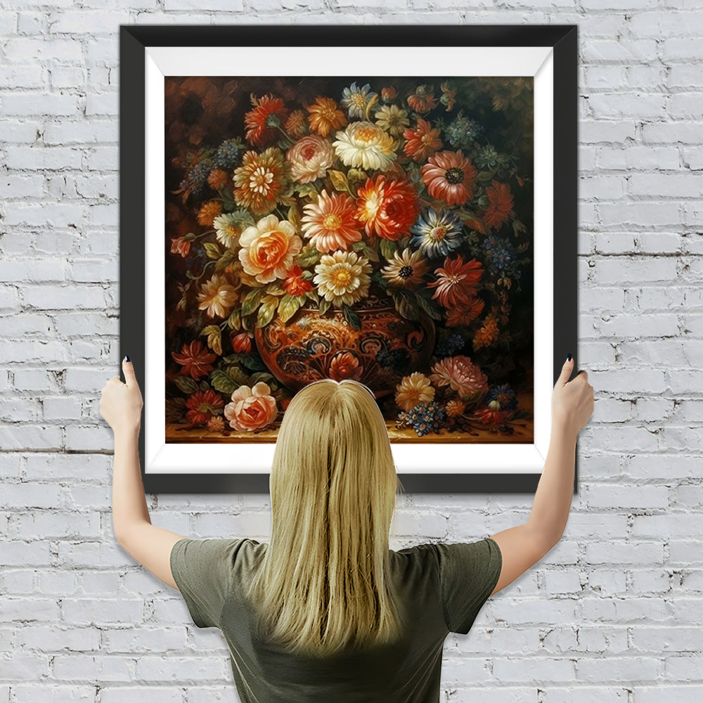 Üppige Chrysanthemen in einer verschnörkelten Vintage-Vase Diamond Painting