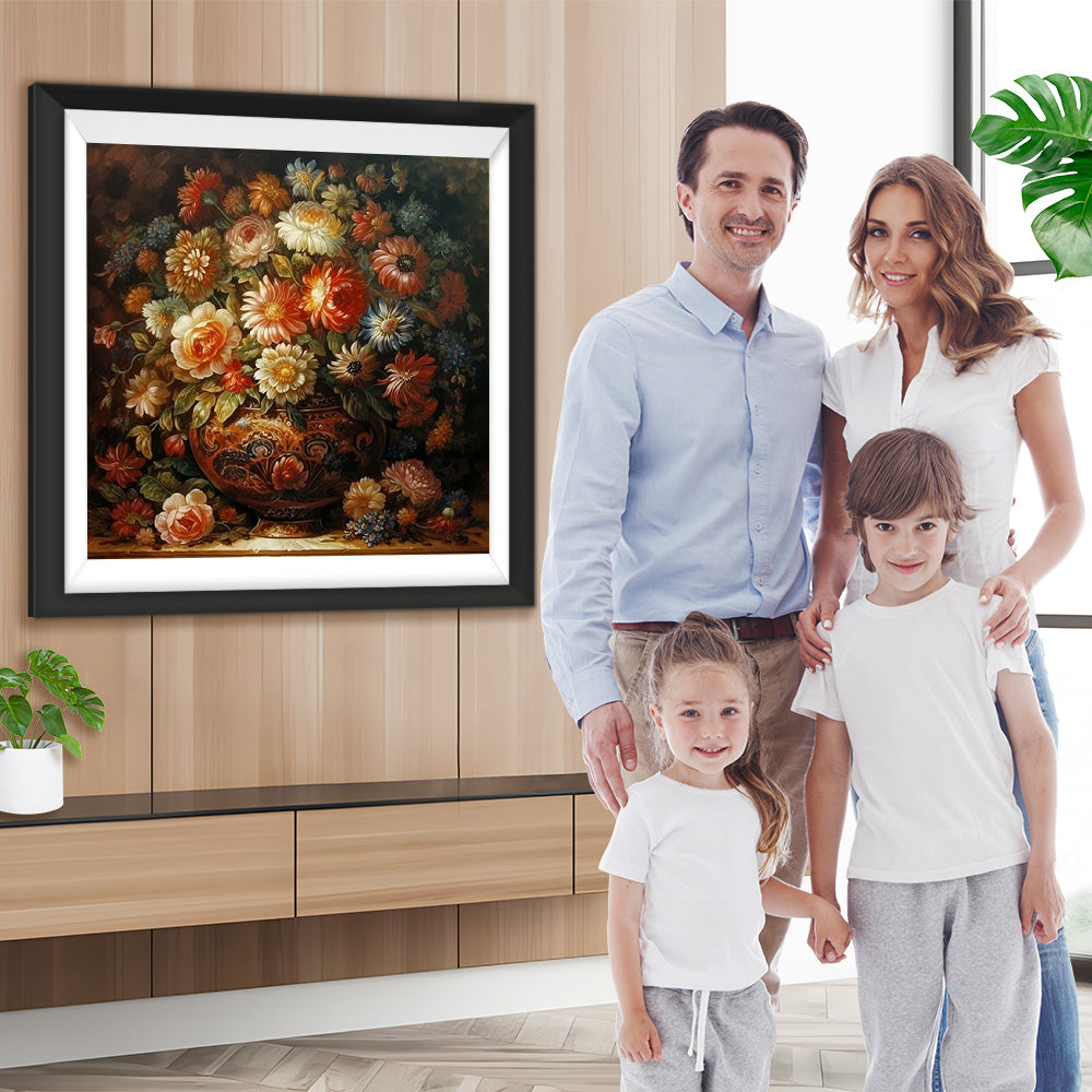 Üppige Chrysanthemen in einer verschnörkelten Vintage-Vase Diamond Painting