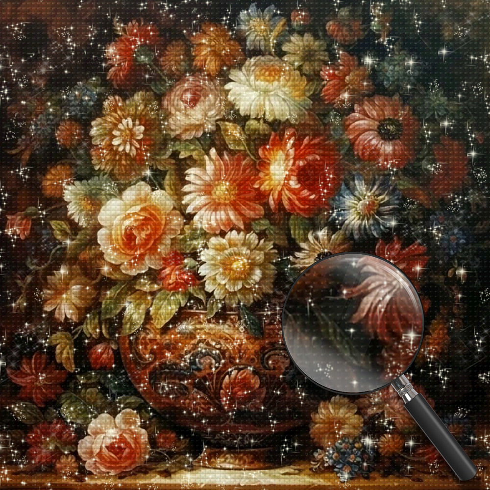 Üppige Chrysanthemen in einer verschnörkelten Vintage-Vase Diamond Painting