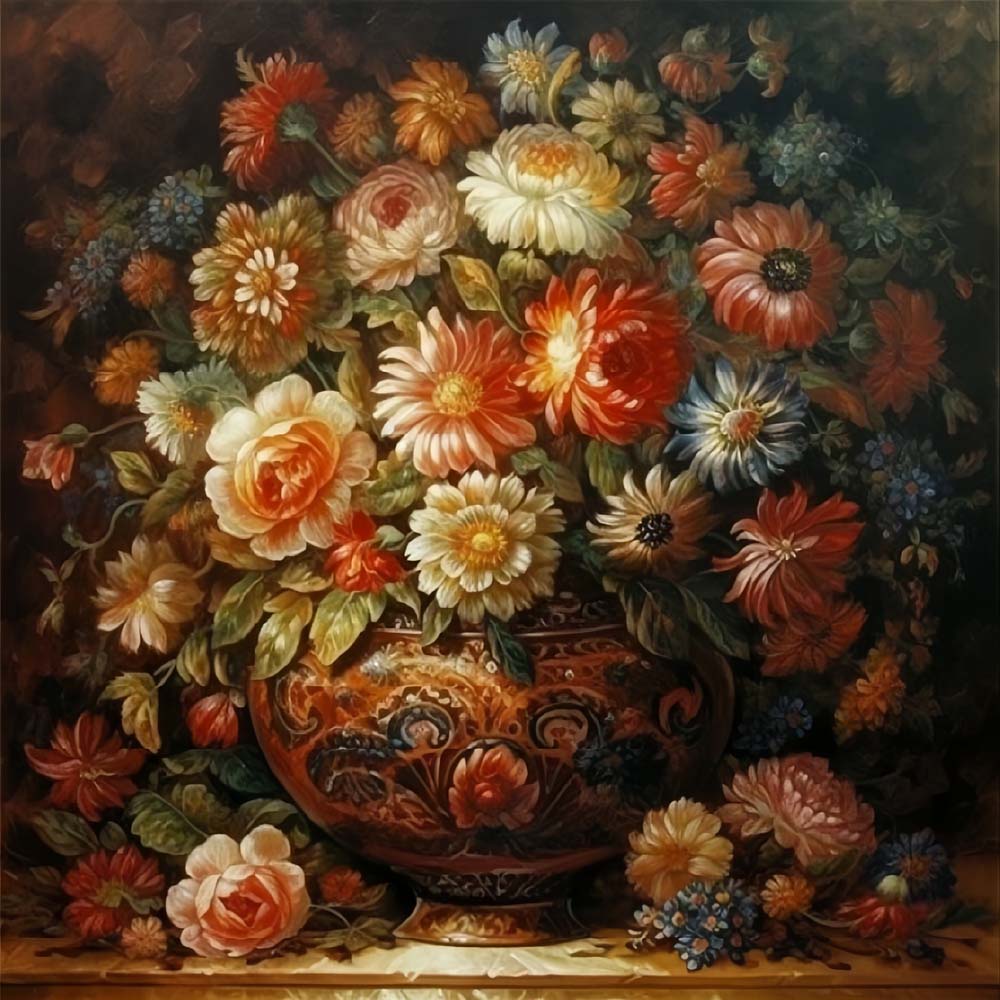 Üppige Chrysanthemen in einer verschnörkelten Vintage-Vase Diamond Painting