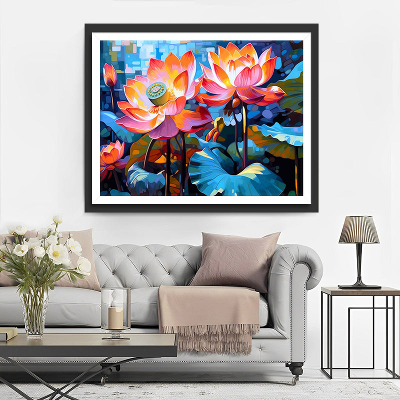 Üppige Lotusblumen und Lotusschoten Diamond Painting